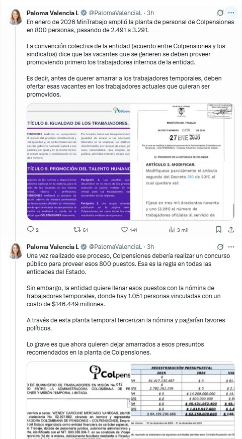 Paloma Valencia cuestionó ampliación de planta en Colpensiones y aqlertó presuntas irregularidades electorales