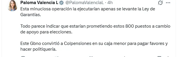 Paloma Valencia cuestionó ampliación de planta en Colpensiones y aqlertó presuntas irregularidades electorales