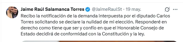 Consejo de Estado estudiará demanda contra elección de Jaime Raúl Salamanca como representante a la Cámara