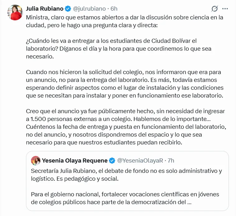Cruce entre MinCiencias y Distrito por cancelación de actividad en colegio de Ciudad Bolívar