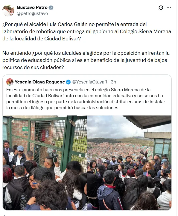 Galán respondió a Petro por polémica sobre laboratorio de robótica en colegio de Ciudad Bolívar