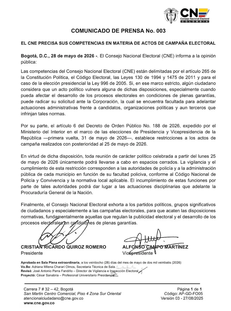El CNE recuerda restricciones de campaña y advierte sobre sanciones por incumplir normas electorales aluciendo a campaña de Iván Cepeda