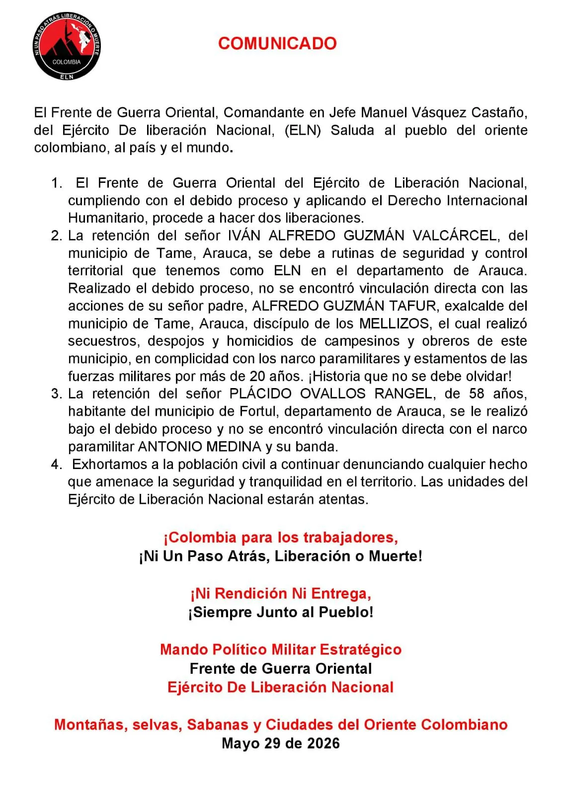 ELN anunció liberación de dos retenidos en Arauca