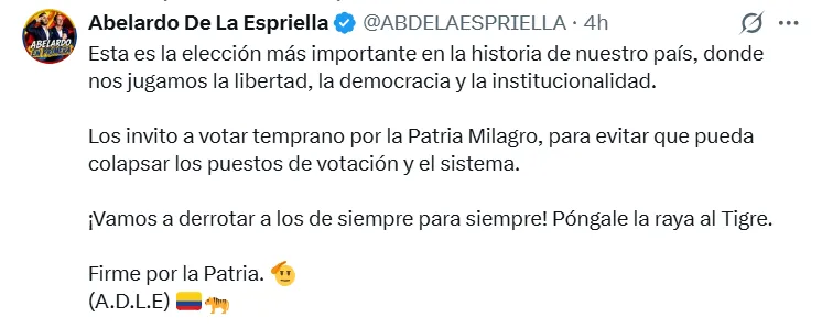 Abelardo de la Espriella ya votó en Barranquilla y reiteró llamado a participar en las elecciones presidenciales
