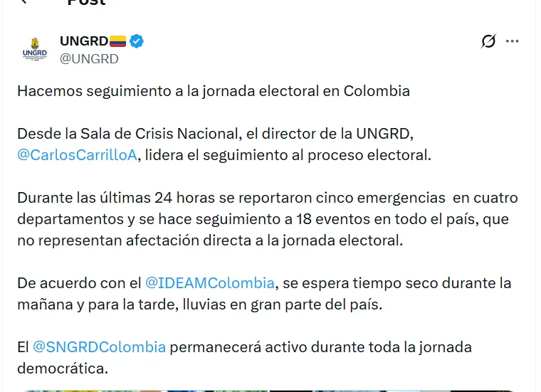 Elecciones 2026: UNGRD monitorea 18 emergencias en el país mientras avanza la jornada electoral sin afectaciones climáticas reportadas