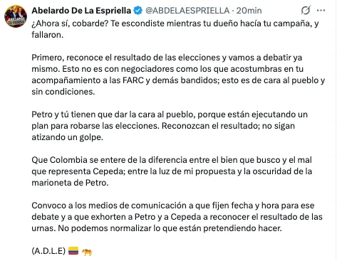 Cepeda propone debate presidencial y De la Espriella responde con exigencia de reconocer los resultados electorales
