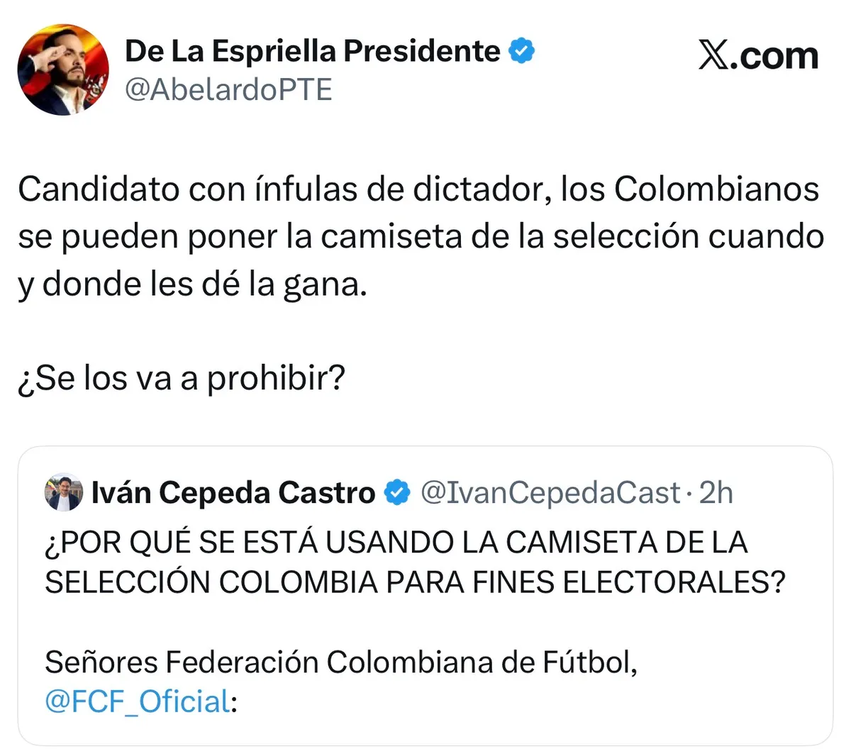 Cepeda cuestionó el uso de la camiseta de la Selección y las redes le recordaron los antecedentes de Petro. Abelardo también le respondió