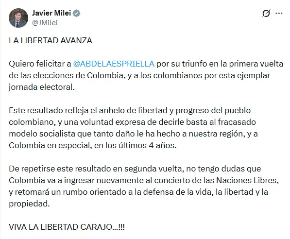Milei respaldó a De la Espriella tras la primera vuelta y recibió respuesta sobre la situación electoral en Colombia