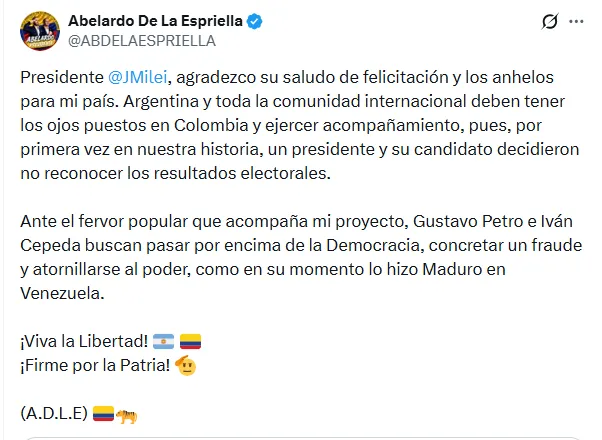 Milei respaldó a De la Espriella tras la primera vuelta y recibió respuesta sobre la situación electoral en Colombia