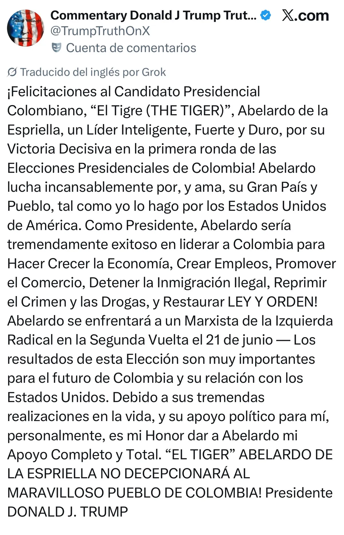 Donald Trump felicita a Abelardo de la Espriella y envía mensaje tras la primera vuelta presidencial en Colombia