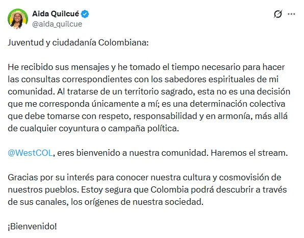 Aída Quilcué aceptó transmisión con Westcol mientras sigue sin concretarse un debate entre las fórmulas vicepresidenciales