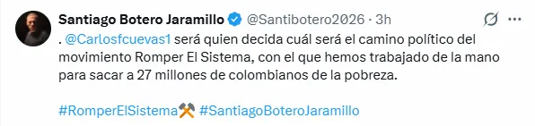Movimiento de Santiago Botero delegó en Carlos Fernando Cuevas la definición de su postura para la segunda vuelta