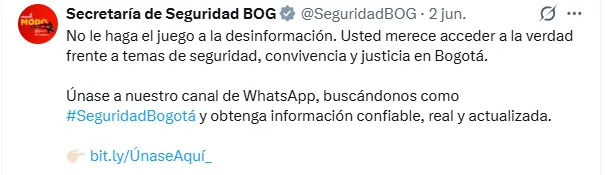Secretaría de Seguridad lanzó canal de WhatsApp para alertas de delitos y orientación a víctimas en Bogotá