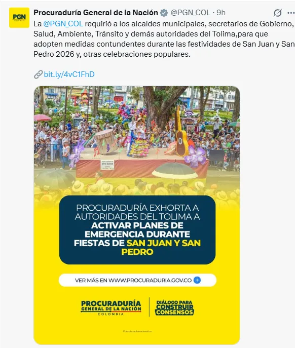 Procuraduría pidió activar planes de emergencia en Tolima ante inicio de las fiestas de San Juan y San Pedro