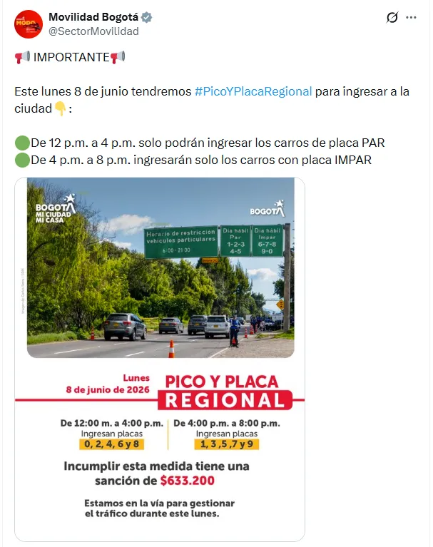 Bogotá tendrá reversible en la carrera Séptima y pico y placa regional durante domingo y lunes festivo