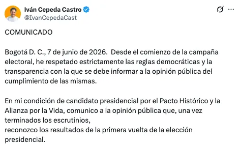 Hasta que le tocó. Iván Cepeda reconoce oficialmente los resultados de la primera vuelta y reafirma su compromiso con las reglas democráticas