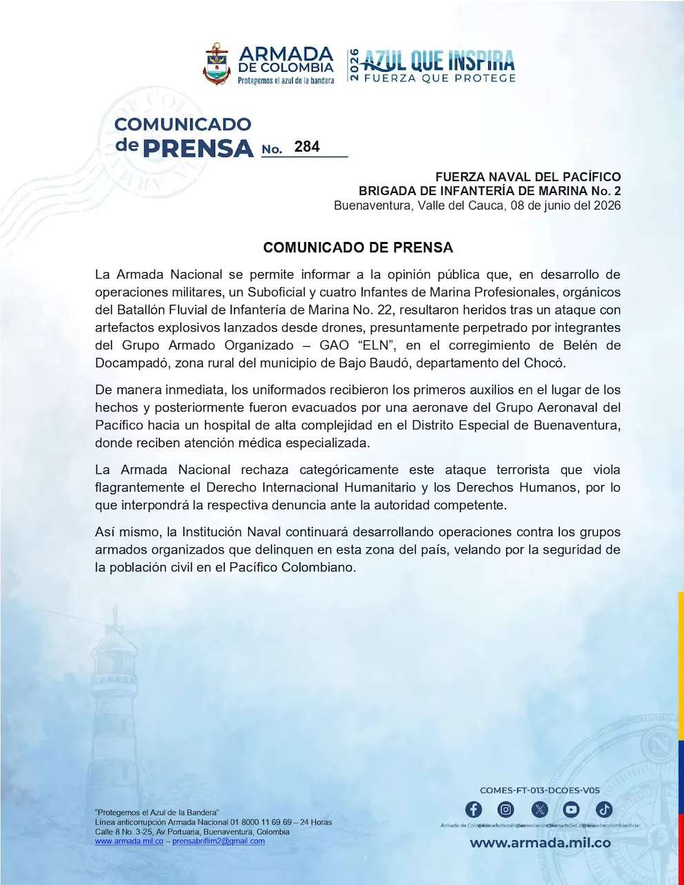 Cinco integrantes de la Armada resultan heridos en ataque con drones en Chocó