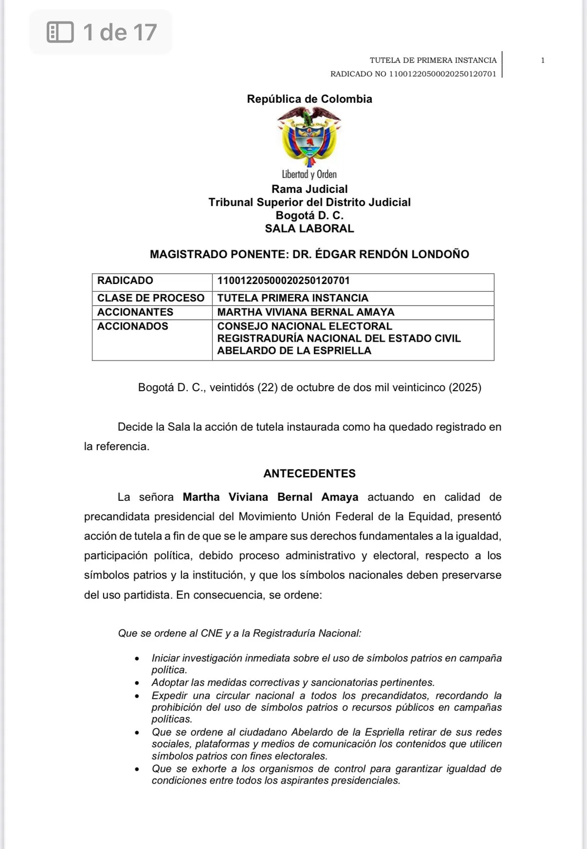 Fallo previo del mismo Tribunal podría influir en la controversia por la prohibición de uso de presuntos símbolos patrios en la campaña de Abelardo de la Espriella