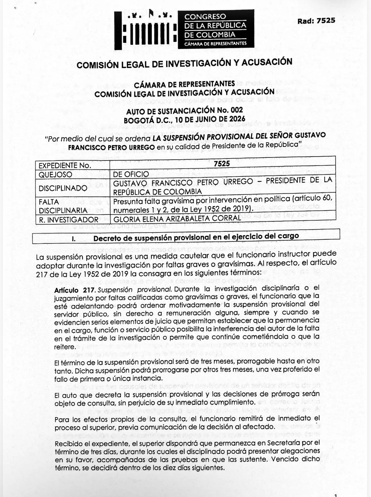 Comisión de Acusaciones suspende provisionalmente a Gustavo Petro y desata debate jurídico y político