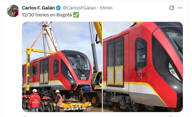 Metro de Bogotá recibió su tren número 12 mientras la primera línea se acerca al 79% de ejecución