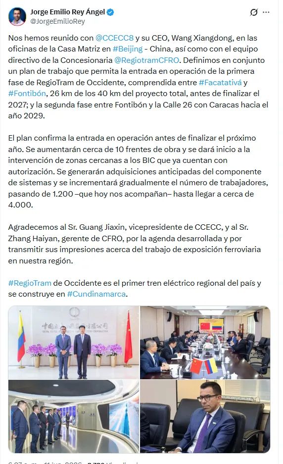 Rey acordó en China plan para acelerar el RegioTram y fijó inicio de operación entre Facatativá y Fontibón para 2027