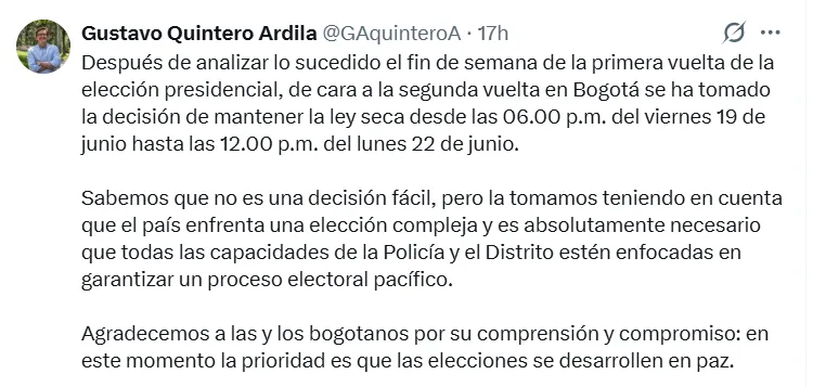 Bogotá mantendrá ley seca durante todo el fin de semana de la segunda vuelta presidencial