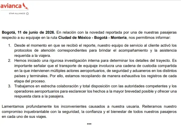 Avianca abrió investigación por denuncia de presunta desaparición de objetos en equipaje durante vuelo internacional