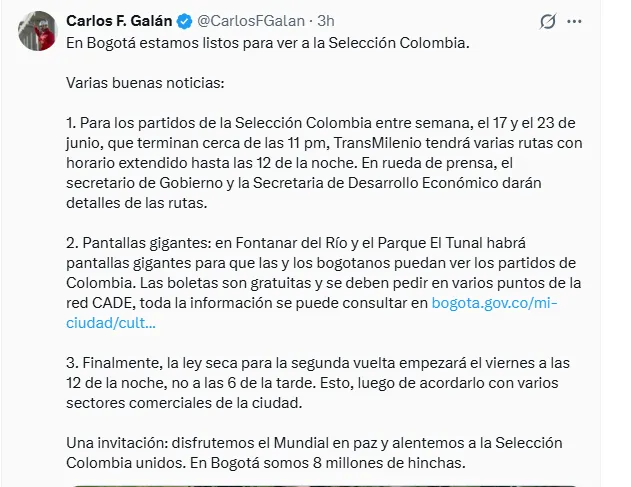 Bogotá ajustó la ley seca para la segunda vuelta y anunció medidas especiales de movilidad y espacio público