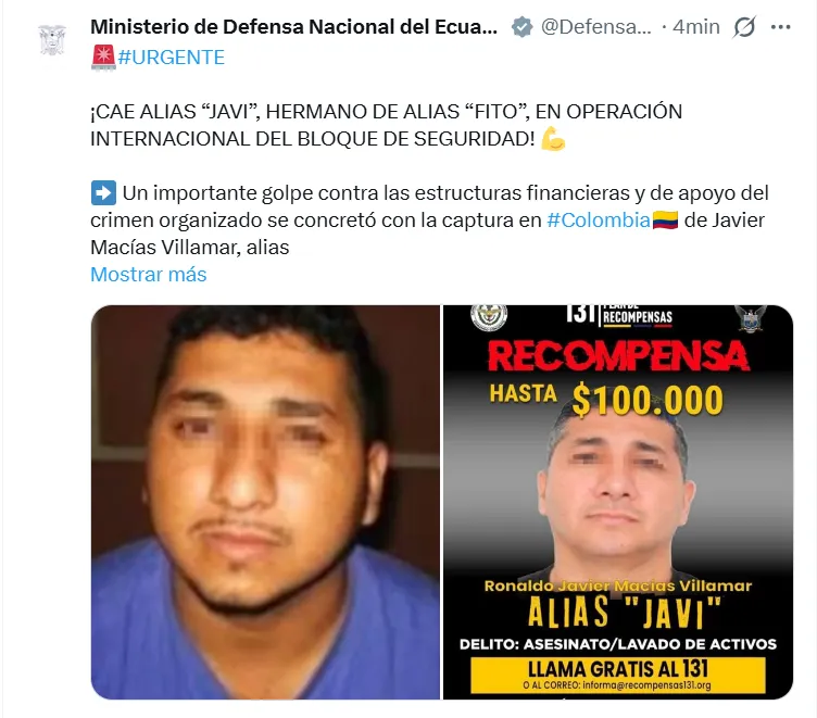Capturan en Colombia a hermano de alias “Fito” requerido por Ecuador con circular roja de Interpol