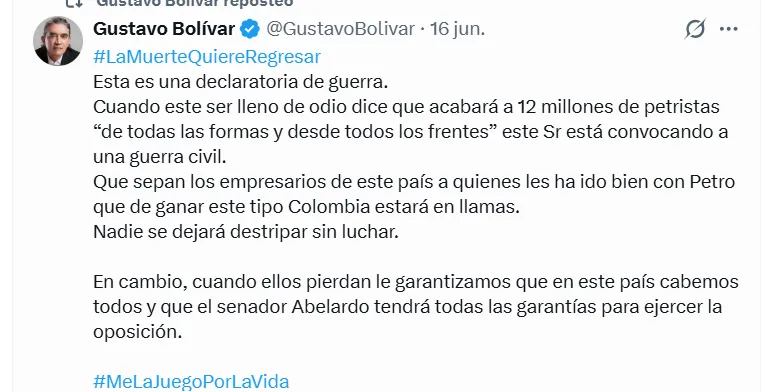Bolívar mencionó protestas si gana De La Espriella y empresarios responden que deben respetarse los resultados electorales