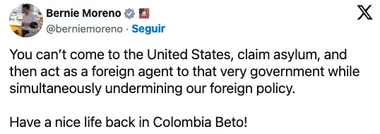 Bernie Moreno despide a Beto Coral tras su detención en Estados Unidos, mientras Petro solicita apoyo consular para su alfil 