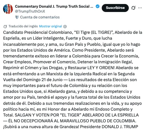 Trump reitera su respaldo a Abelardo de la Espriella y llama a votar por él en la segunda vuelta presidencial