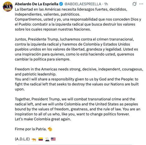 Trump reitera su respaldo a Abelardo de la Espriella y llama a votar por él en la segunda vuelta presidencial