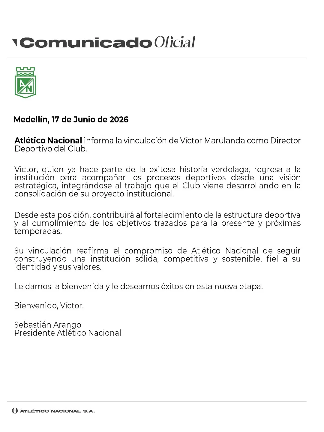 Víctor Marulanda asume como Director Deportivo de Atlético Nacional