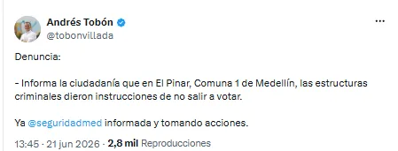 Elecciones 2026: Concejal Andrés Tobón indicó que autoridades recibieron reporte sobre restricciones al voto en zona nororiental de Medellín