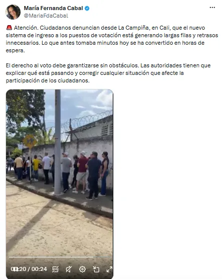 María Fernanda Cabal reportó denuncias por demoras en ingreso a puestos de votación en Cali