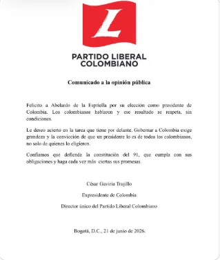 Elecciones 2026: César Gaviria felicitó al presidente electo Abelardo de la Espriella