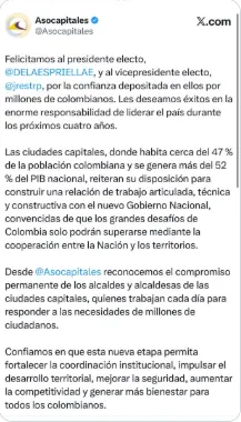Asocapitales felicitó a Abelardo De La Espriella y José Manuel Restrepo y expresó disposición de trabajo con el nuevo gobierno