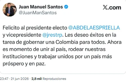 Elecciones 2026: A través de un mensaje público, el expresidente Santos reconoció el triunfo de Abelardo De la Espriella y se refirió a los retos que enfrentará el próximo gobierno