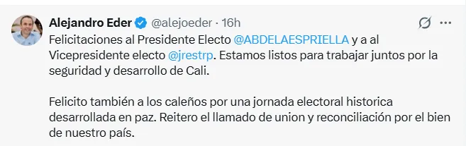 Reacciones políticas tras el preconteo que dio como ganador a Abelardo De La Espriella en la segunda vuelta presidencial