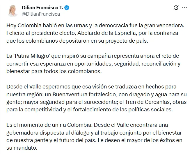 Reacciones políticas tras el preconteo que dio como ganador a Abelardo De La Espriella en la segunda vuelta presidencial