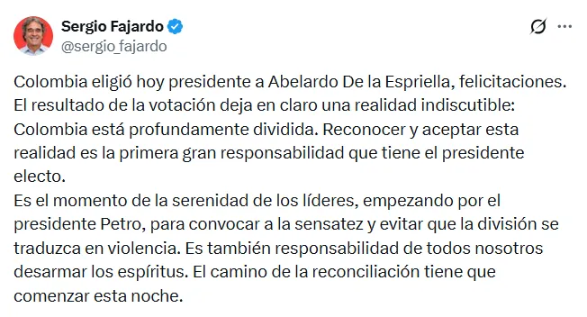 Reacciones políticas tras el preconteo que dio como ganador a Abelardo De La Espriella en la segunda vuelta presidencial