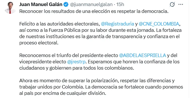 Reacciones políticas tras el preconteo que dio como ganador a Abelardo De La Espriella en la segunda vuelta presidencial
