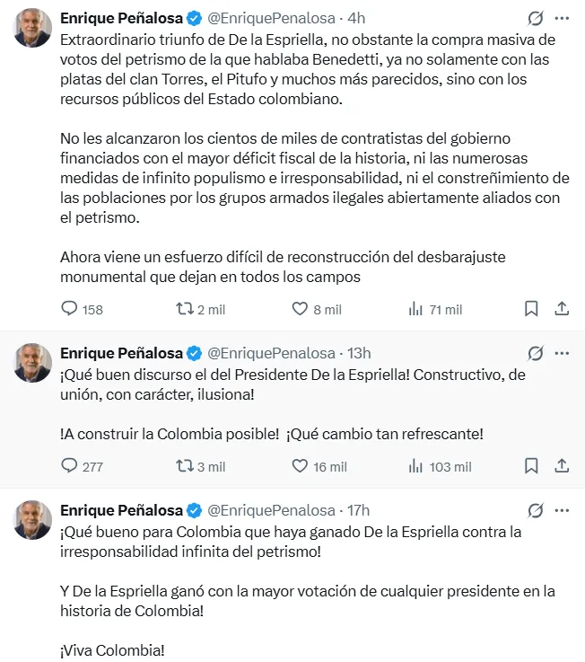Reacciones políticas tras el preconteo que dio como ganador a Abelardo De La Espriella en la segunda vuelta presidencial