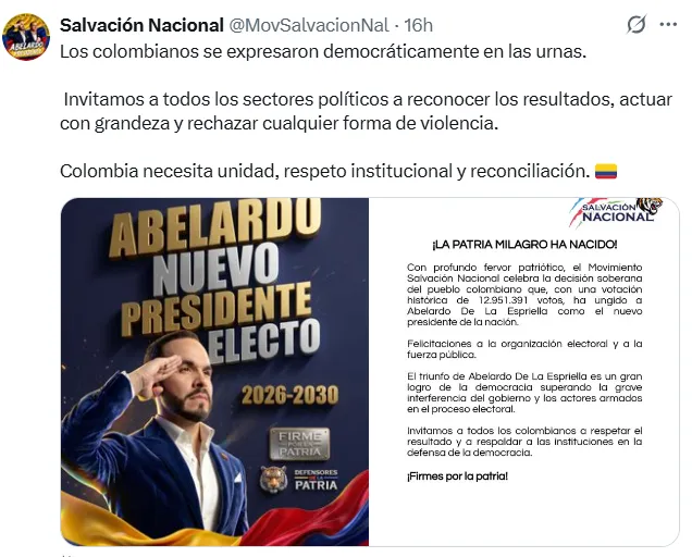 Reacciones políticas tras el preconteo que dio como ganador a Abelardo De La Espriella en la segunda vuelta presidencial