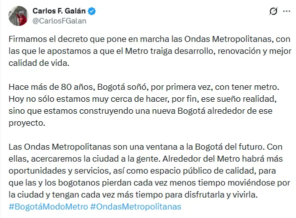 Decreto de Galán activó las Ondas Metropolitanas para transformar los entornos de la Línea 1 del Metro