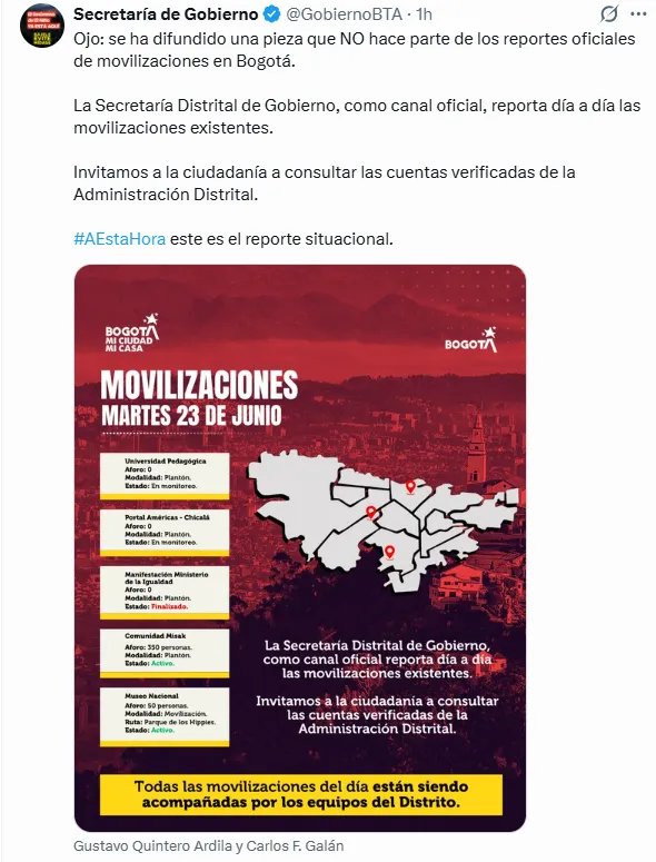 Distrito desmintió pieza viral sobre marchas en Bogotá y pidió consultar únicamente canales oficiales