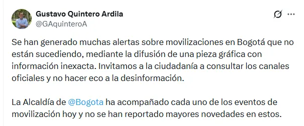 Distrito desmintió pieza viral sobre marchas en Bogotá y pidió consultar únicamente canales oficiales