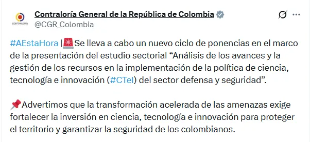 Contraloría alertó expansión de grupos armados y planteó fortalecer inversión en tecnología para la defensa