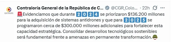 Contraloría alertó expansión de grupos armados y planteó fortalecer inversión en tecnología para la defensa